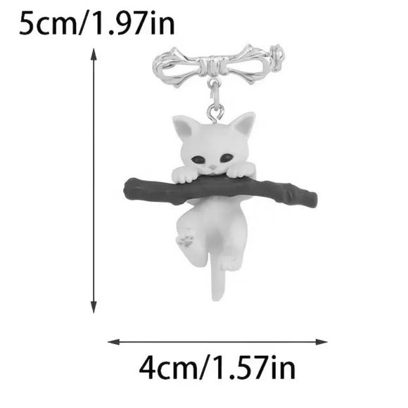 Cat Brooch Kitty Hanging Dangle Pin Stylish Silver Metal Cute Fun Bow Adorable - Picture 3 of 3